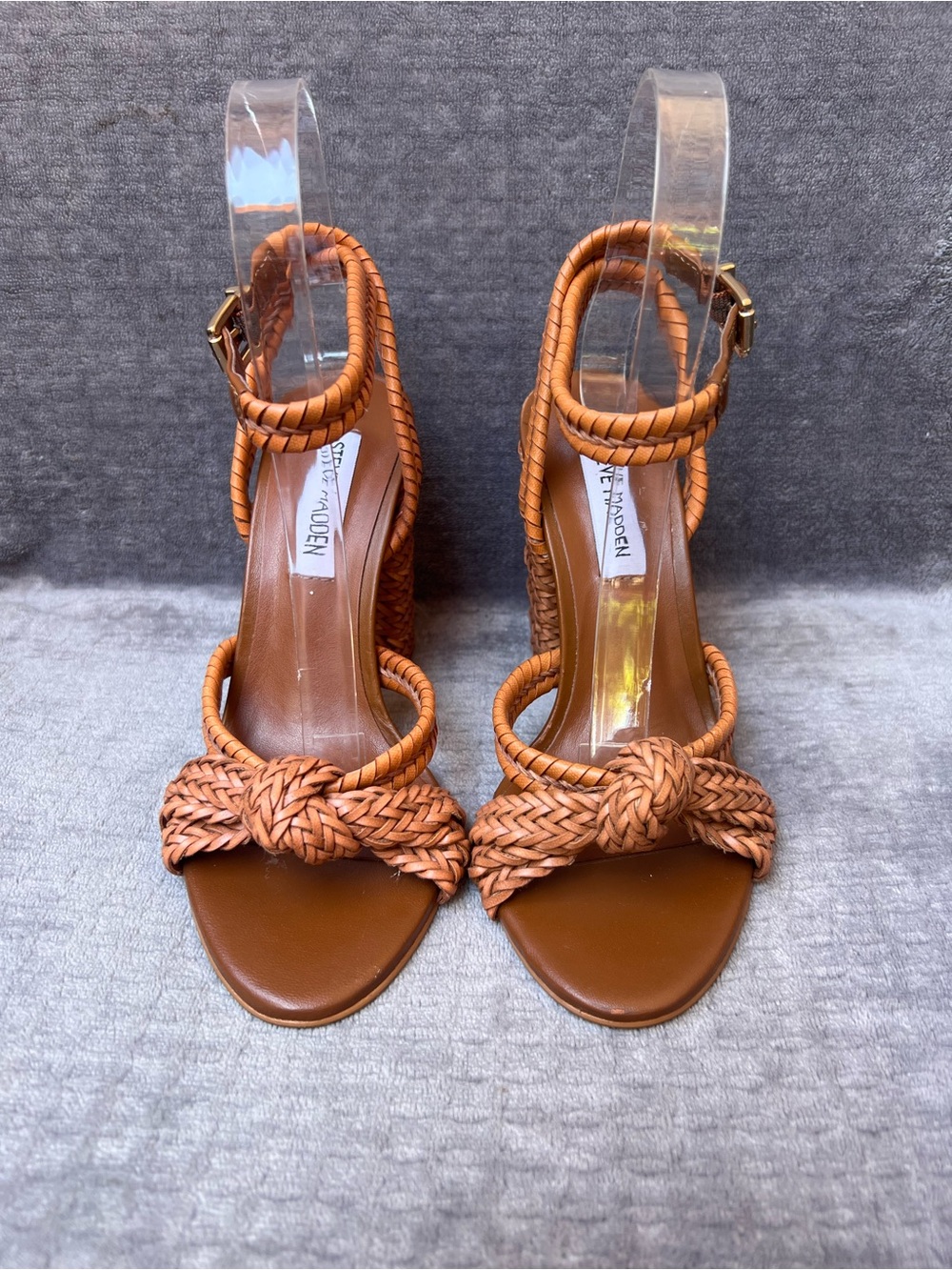 Steve Madden Malou Heels Sz 6.5 M Cognac Braided Block Heel Sandals Vegan - Picture 3 of 15